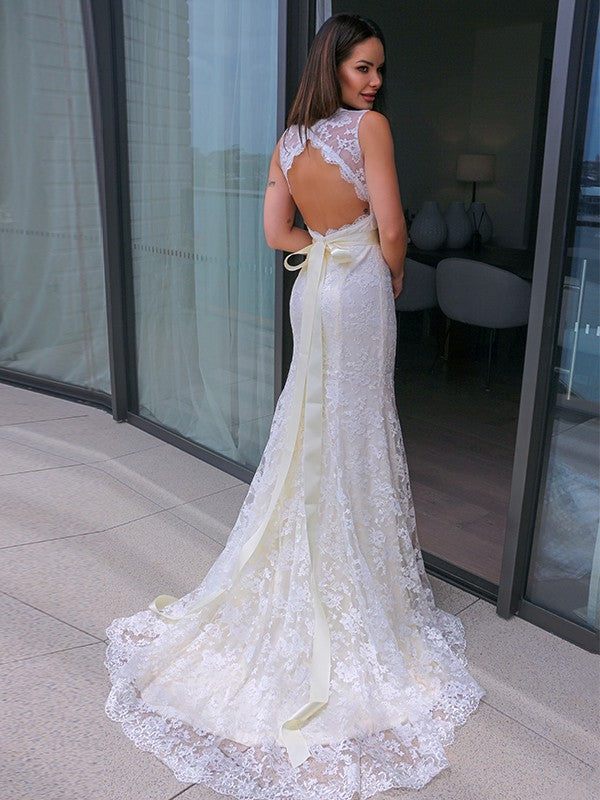 Wholesale Sheath/Column Lace V-neck Sash/Ribbon/Belt Sleeveless Sweep/Brush Train Wedding Dresses